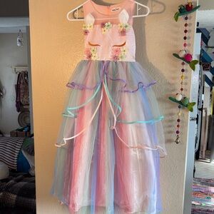 EUC NNJXD Formal Girls unicorn beaded, appliqué floral multicolor tulle princess